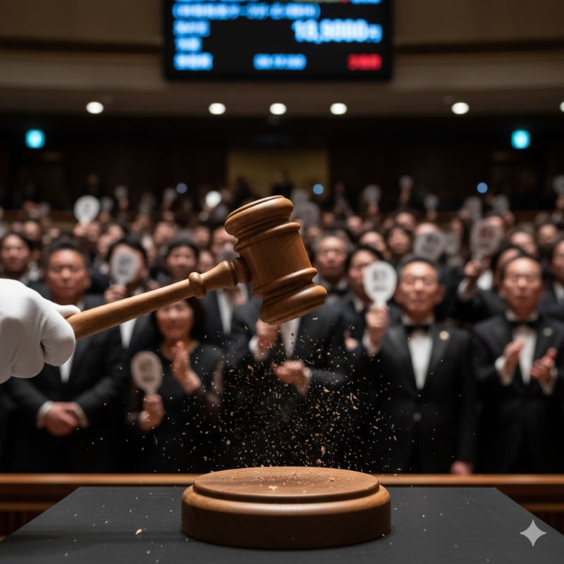 激しい競り合いの末、高額で落札が決まった瞬間のオークションハンマー（ガベル）のアップ