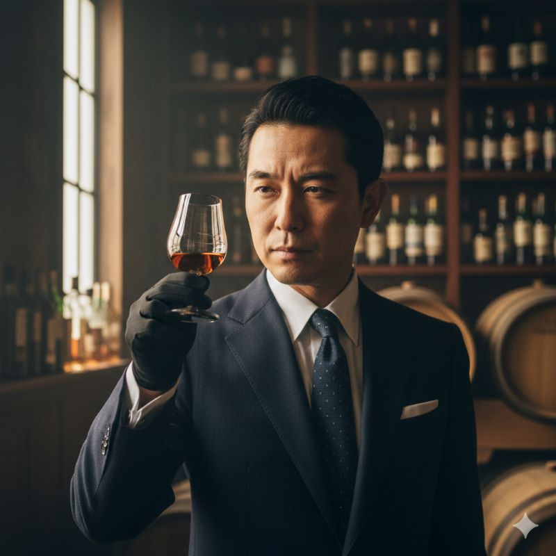 マッカランのこだわりである無着色の美しい琥珀色を、光にかざして入念に確認する日本人の専門家