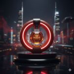 マッカラン200周年記念ボトル「TIME : SPACE」をイメージした、赤く輝く未来的なリング型ボトルとラグジュアリーな背景