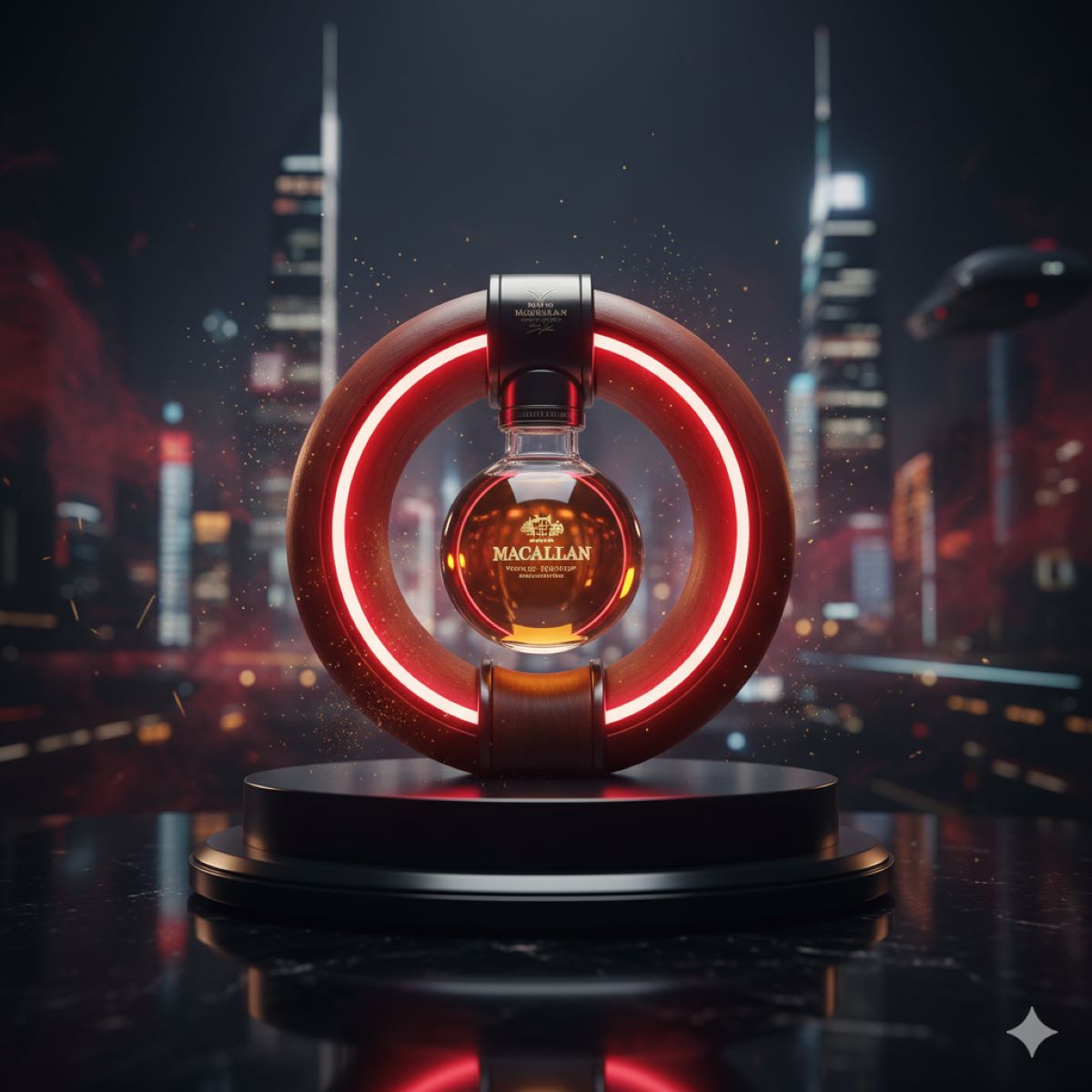 マッカラン200周年記念ボトル「TIME : SPACE」をイメージした、赤く輝く未来的なリング型ボトルとラグジュアリーな背景
