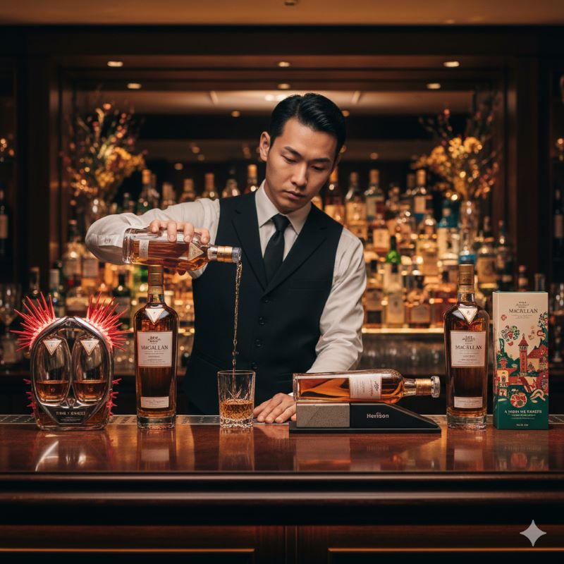 200周年の祝祭感を演出する、高級バーのカウンターに並ぶウイスキーボトルと日本人バーテンダー