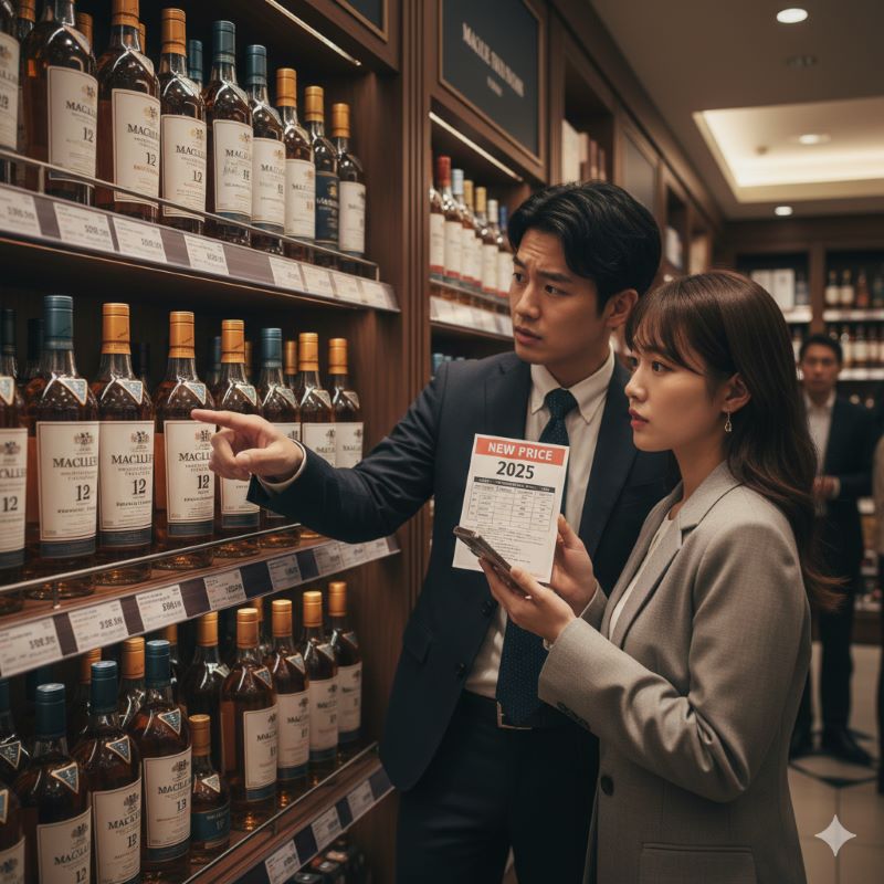 2025年の価格改定を前に、マッカランの購入を検討する様子