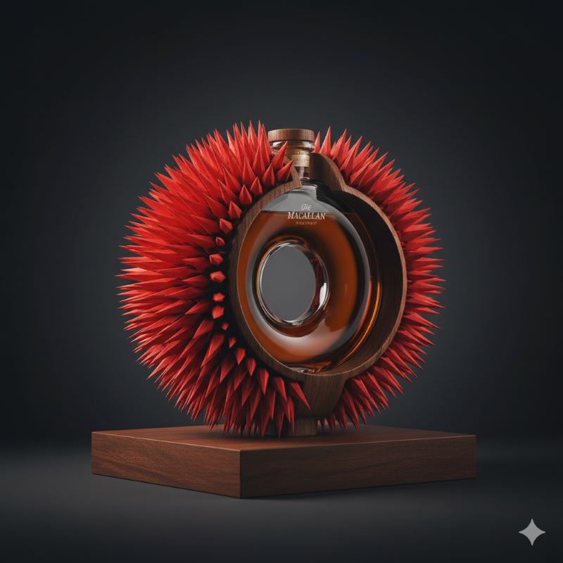 赤い折り紙のようなトゲのあるケースに収められたマッカラン・タイム・スペース・マスタリーのボトル