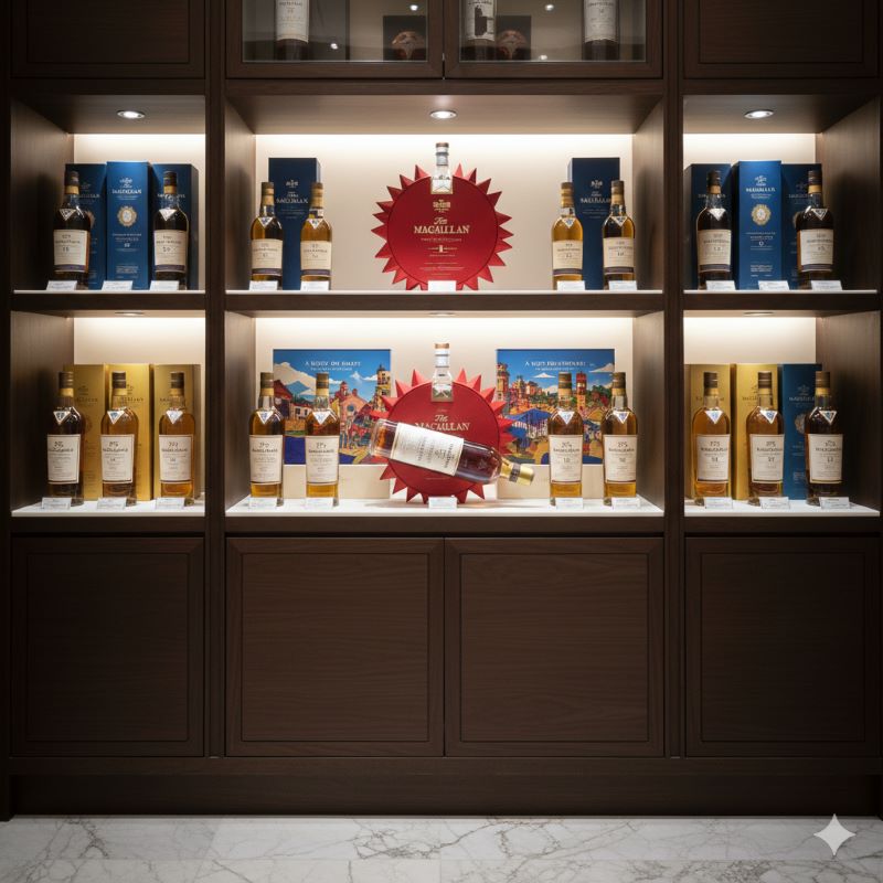 マッカランの通常ボトルと200周年記念ボトルが並ぶ高級感のあるディスプレイ