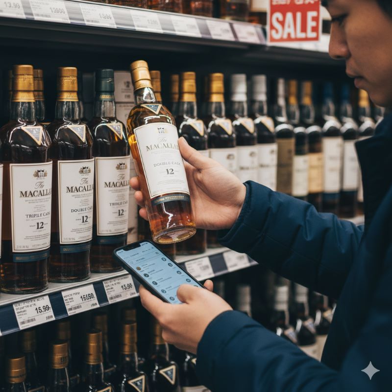 手軽に楽しめるマッカラン12年のハーフボトル（350ml）を手に取る様子