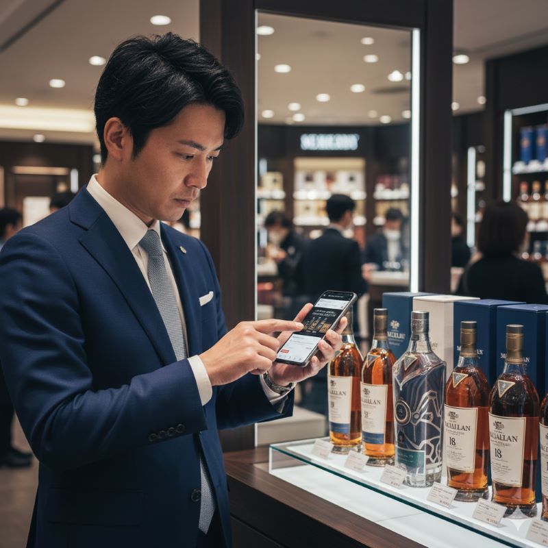 百貨店の抽選販売やオンラインショップの情報をスマートフォンでチェックする日本人男性