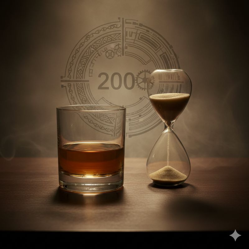 マッカランの200年の歴史と時間の流れを象徴するウイスキーグラスと砂時計