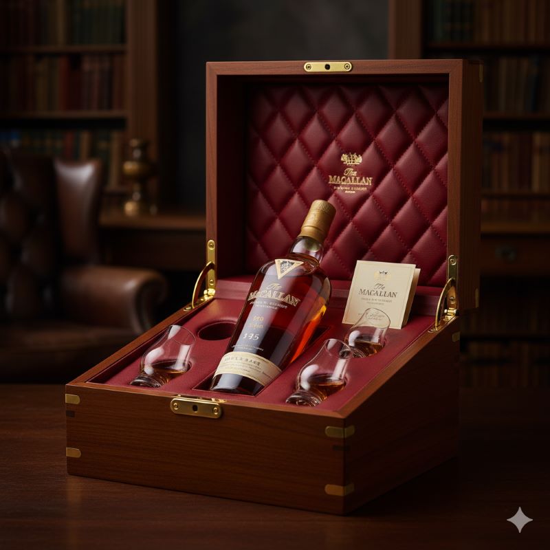 赤いレザーの内装が施された木製ケースに収められた、高級感あふれるウイスキーボトルのイメージ