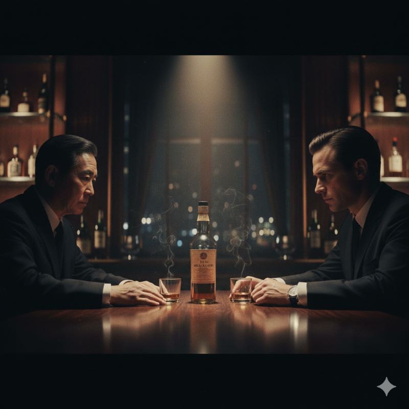 薄暗いバーのテーブルに置かれたヴィンテージウイスキーとショットグラス、スパイ映画のような雰囲気