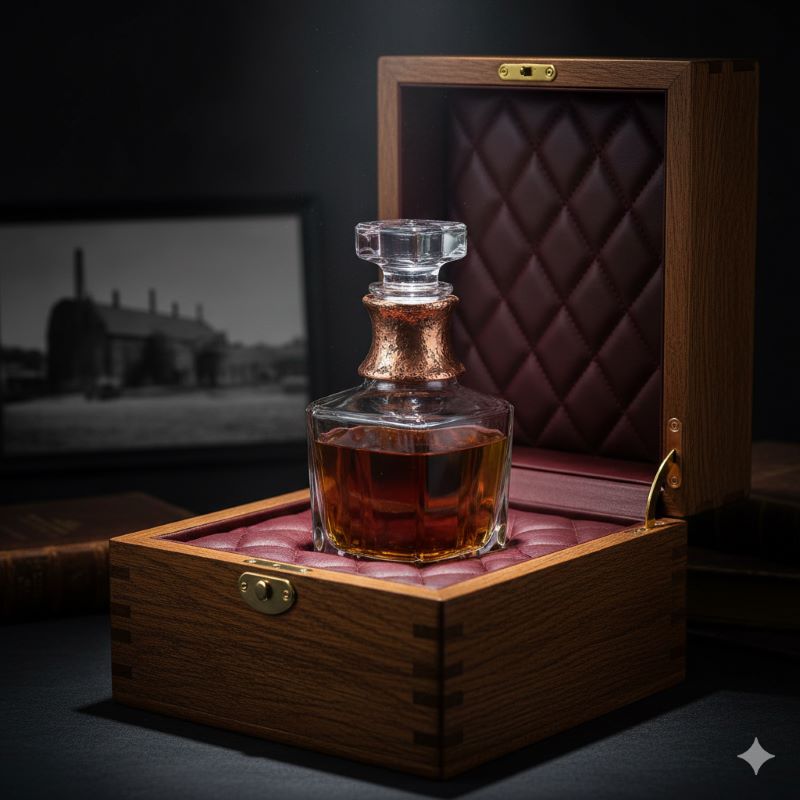 銅製のネックリングが特徴的なクリスタルデキャンタと、それが収められたオーク材の木箱