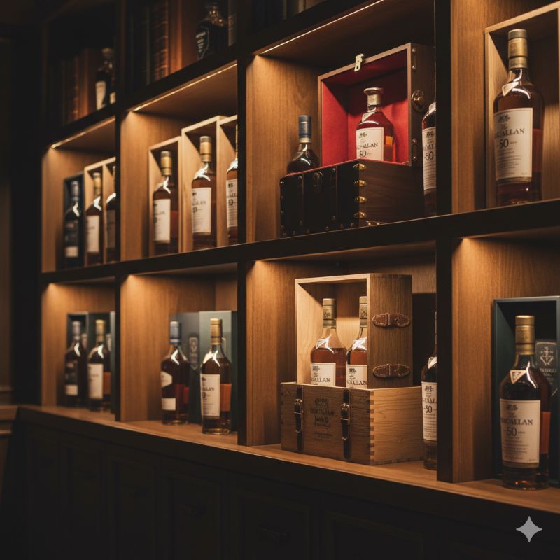 高級なバーの棚に並ぶ、木箱や特別なデキャンタに入った様々な種類のマッカラン50年熟成ウイスキーのコレクション