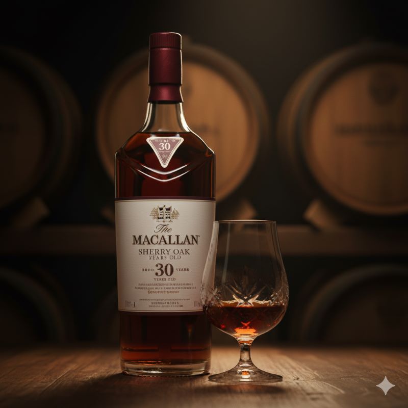 濃い琥珀色の液体が入ったウイスキーグラスと、シェリーオーク樽熟成を思わせる重厚な30年熟成ボトルのイメージ