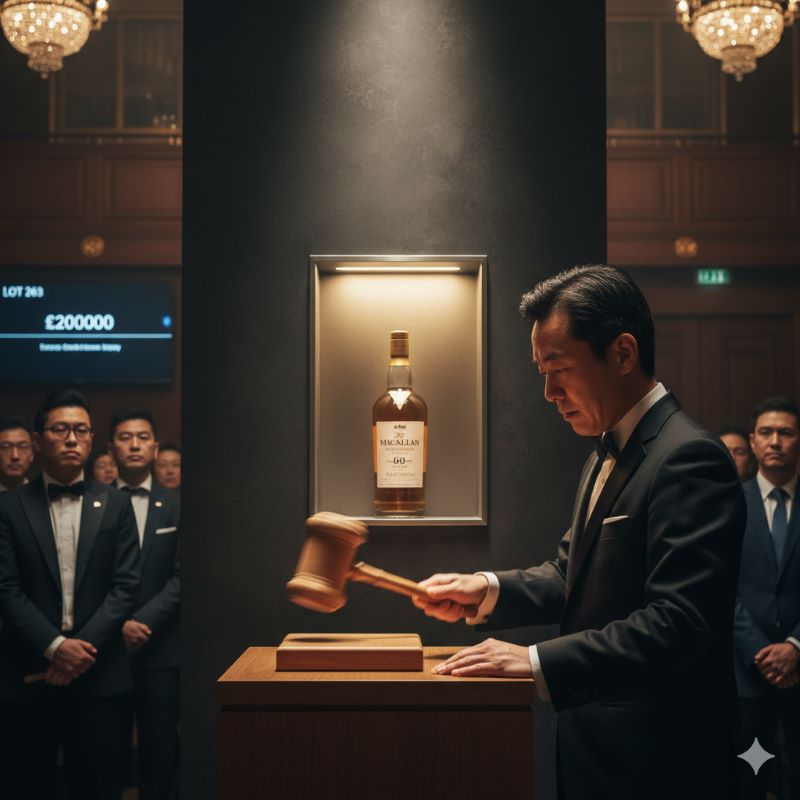 厳かなオークション会場で木槌（ガベル）が叩かれる瞬間と、背景に展示された高額なウイスキーボトル