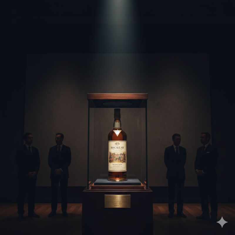 世界最高額で取引される1926年蒸溜の伝説的なウイスキーボトルが、スポットライトを浴びて展示されている様子