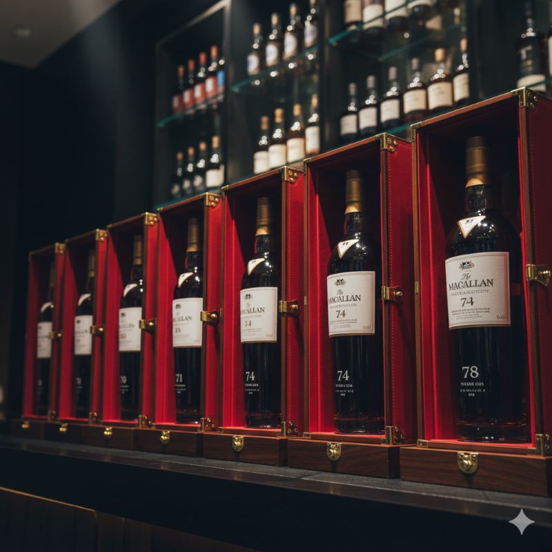 鮮やかな赤を基調としたケースに収められた、70年を超える超長期熟成ウイスキーのボトル群