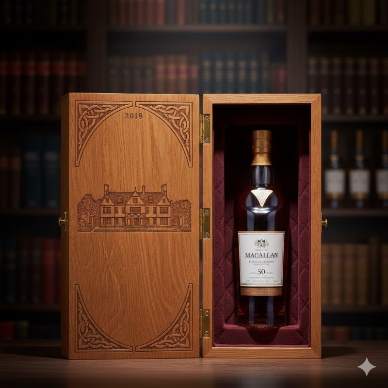 2018年に限定リリースされた、エッチング加工が施された重厚なオーク箱に収められたマッカラン50年ボトルのイメージ