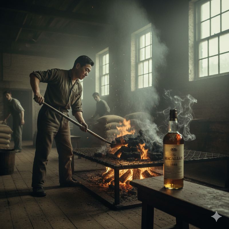 戦後の石炭不足によりピート（泥炭）が使用された1940年代の蒸溜所の情景と、スモーキーな原酒の歴史的背景