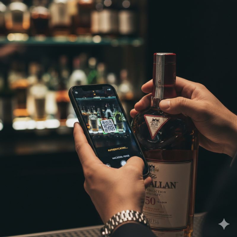 スマートフォンを使ってウイスキーボトルのキャップシールにあるQRコードを読み取り、真贋判定を行っている日本人の手元のクローズアップ