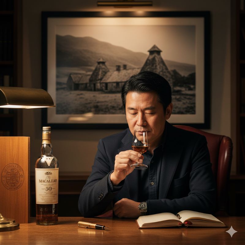書斎のデスクに置かれたマッカラン50年のボトルとグラス、そして背景に広がるスコットランドの蒸溜所の風景写真が飾られている様子