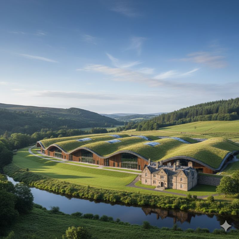 スコットランドの丘陵地帯に溶け込むように設計された、波打つ緑化屋根が特徴的なマッカラン新蒸留所の外観