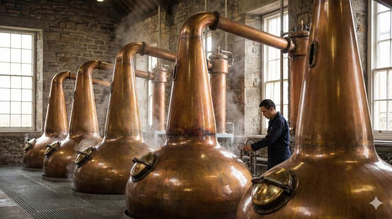 マッカランの味の決め手となる、スペイサイドで最小クラスの伝統的な小型銅製ポットスチルが並ぶ蒸留室の様子