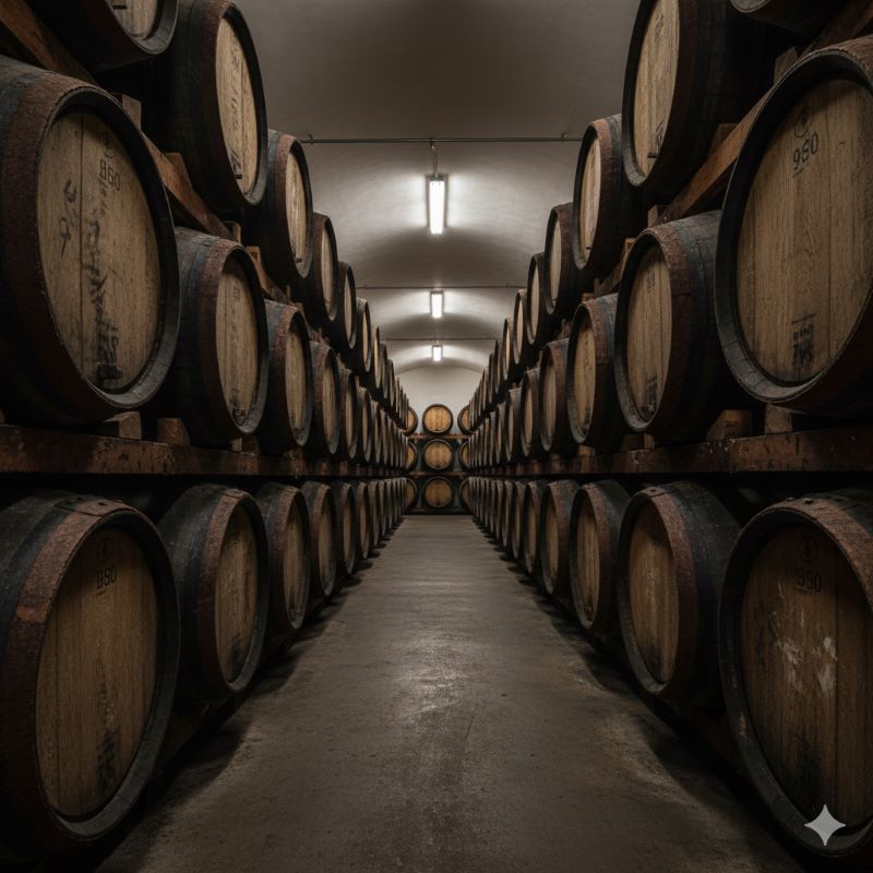 ウイスキーに深い色と香りを与える、スペイン産シェリーオーク樽が静かに熟成されている薄暗い貯蔵庫の内部