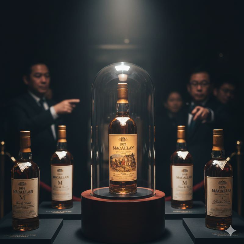 オークションやコレクションの対象となる、高級感あふれるヴィンテージウイスキーのボトルがスポットライトを浴びて展示されている様子