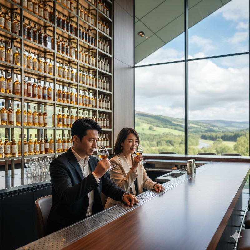 蒸留所内の洗練されたバーカウンターで、ウイスキーのテイスティンググラスを傾けながらくつろぐ日本人観光客の様子