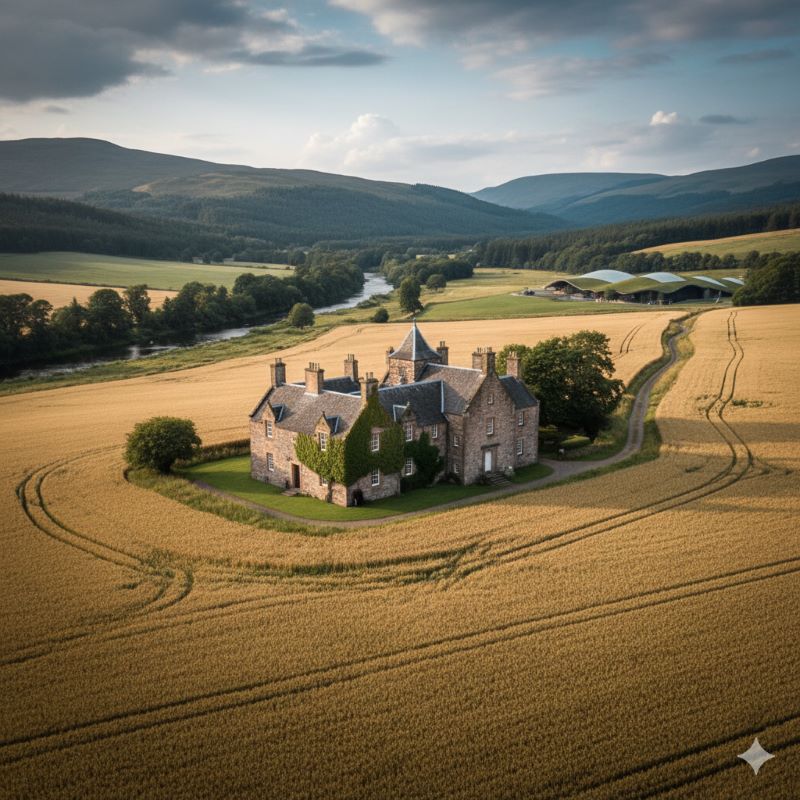 スコットランドの広大な自然の中に佇む、歴史的な石造りのマナーハウスと黄金色に輝く大麦畑の風景