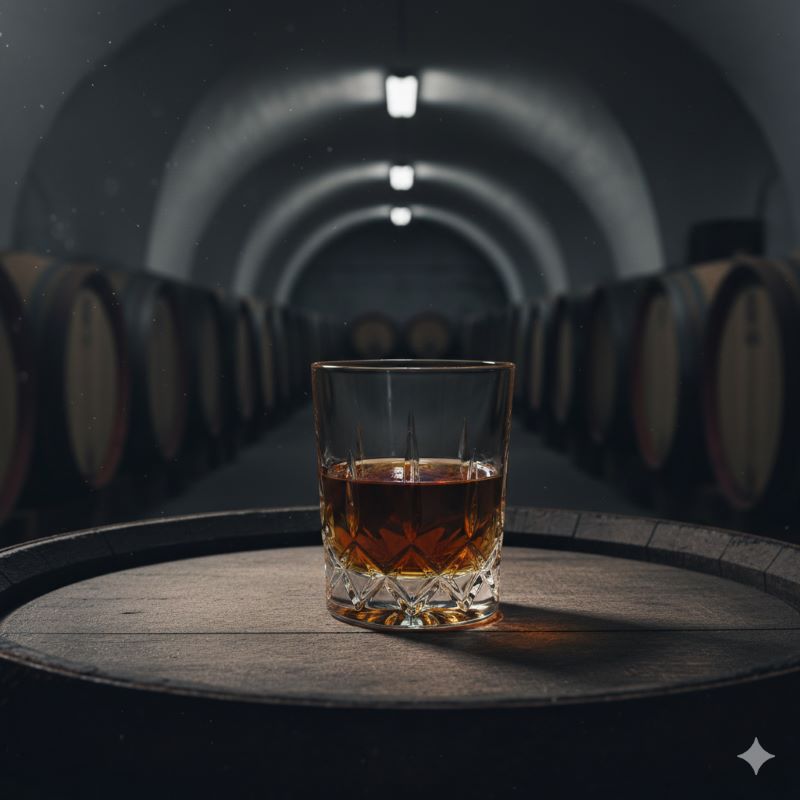 重厚なオーク樽の上に置かれた、深い琥珀色のプレミアムウイスキーが入ったクリスタルグラスと、背景にある薄暗い熟成庫の様子