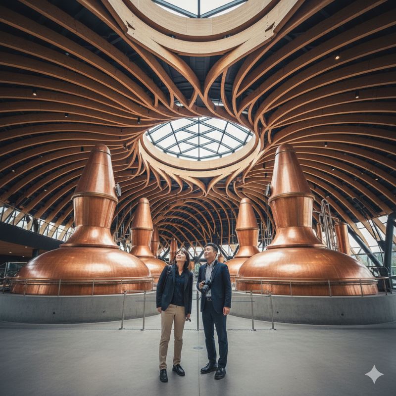 近代的で芸術的な曲線を描く木造屋根が特徴的な蒸留所内部で、輝く銅製のポットスチルを見学する日本人観光客