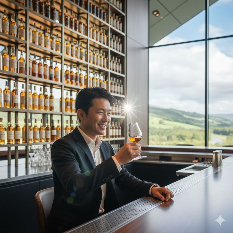 蒸留所のバーカウンターで、ウイスキーの入ったグラスを掲げて乾杯をする、満足げな表情の日本人男性