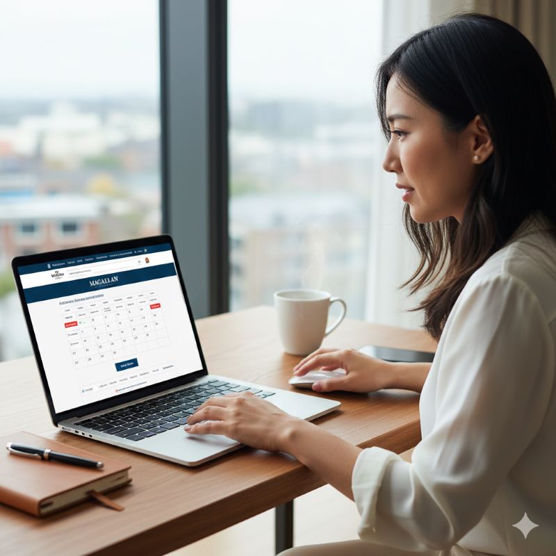 旅行の計画を立てるため、ノートパソコンを開いて蒸留所の公式サイトや予約カレンダーを確認している日本人女性の手元と表情