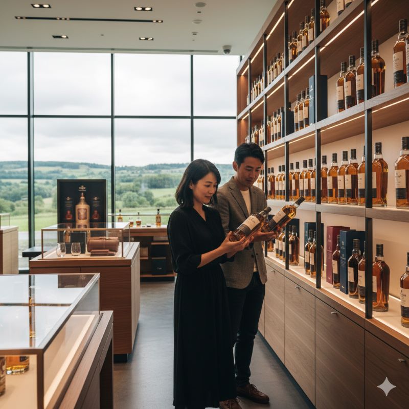 洗練されたデザインの蒸留所内ブティックで、棚に並ぶ限定ボトルのパッケージを興味深そうに手に取って眺めている日本人観光客