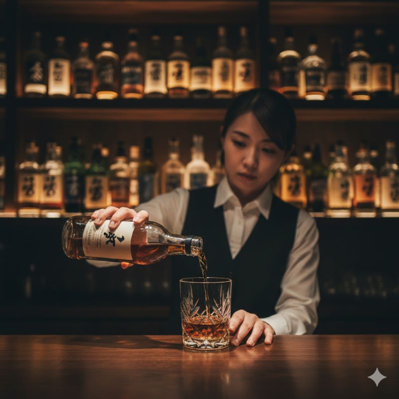 日本のオーセンティックなウイスキーバーのカウンターで、丁寧にウイスキーを注いでいる日本人女性バーテンダーの手元と、その背景にある並んだボトル