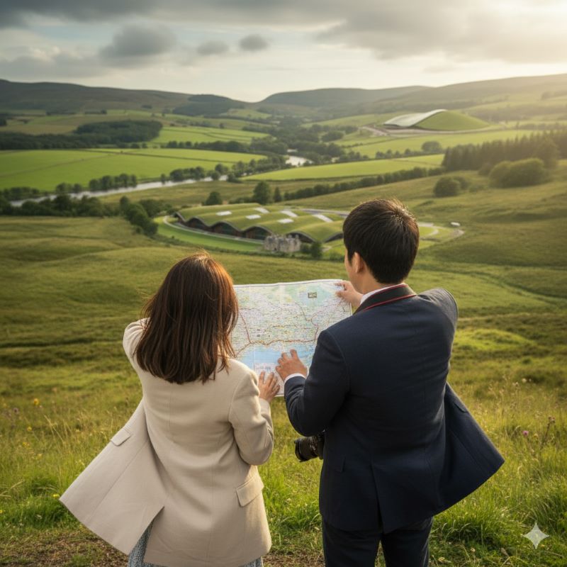 スコットランド・スペイサイド地方の美しい緑の丘陵地帯を背景に、地図を広げて蒸留所へのルートを確認している日本人カップルの後ろ姿