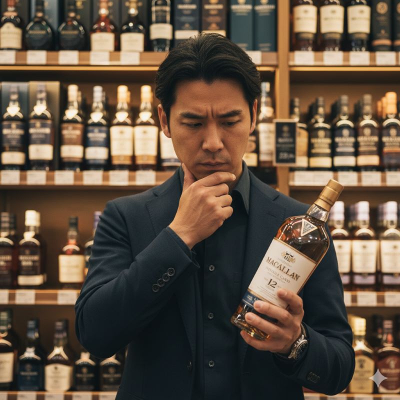 酒屋の陳列棚の前でウイスキーのボトルを手に取り、購入するかどうか真剣に悩んでいる日本人男性の様子