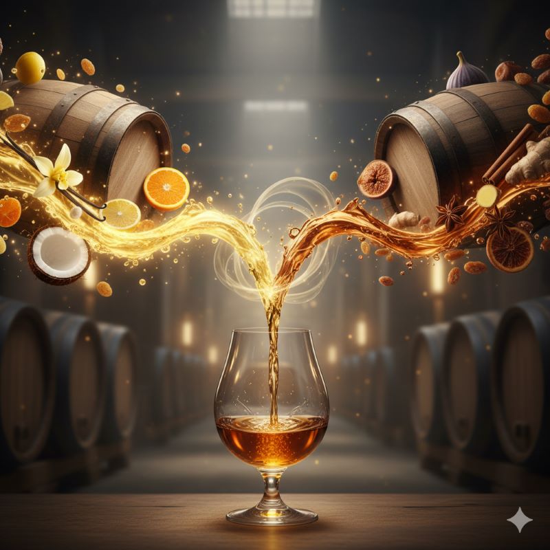 バニラやシトラスを象徴するアメリカンオークと、スパイスやドライフルーツを象徴するヨーロピアンオークが融合し、黄金色のウイスキーが生まれるイメージ図