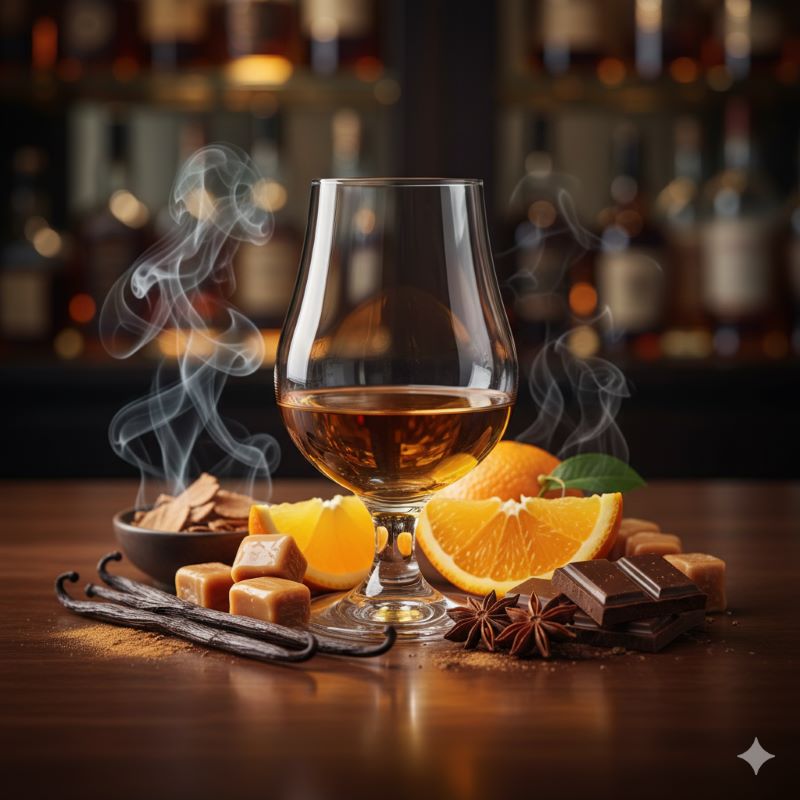 グラスに注がれた黄金色のウイスキーと、その周囲に配置されたバニラ、キャラメル、オレンジ、チョコレートなどの風味イメージ