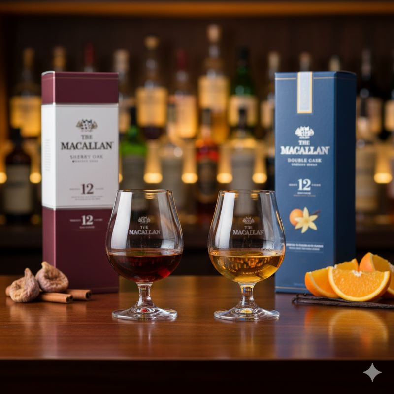 バーカウンターに並べられた2つのウイスキーグラス。左側は濃いマホガニー色のシェリーオーク、右側は明るい黄金色のダブルカスクが入っている比較画像