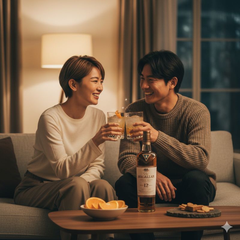 自宅のリビングでくつろぎながら、笑顔でウイスキーハイボールのグラスを合わせ乾杯している日本人カップルの様子