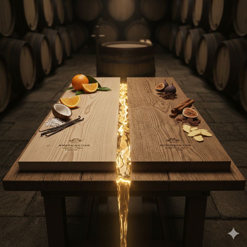 ダブルカスクの構成要素となるアメリカンオークとヨーロピアンオークの木材の違いを比較するイメージ