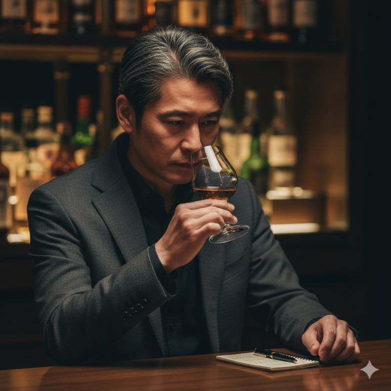 バーでウイスキーの色や香りを真剣に評価し、品質を見極めようとしている日本人男性の様子