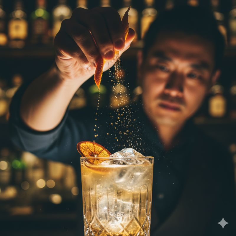 マッカランダブルカスクの風味を引き立てる、オレンジピールを使用したこだわりのハイボールを作る瞬間