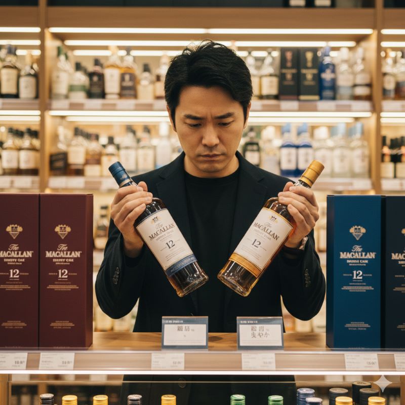 酒屋でシェリーオークとダブルカスクのボトルを見比べ、自分の好みや用途に合わせて慎重に選んでいる日本人男性の様子