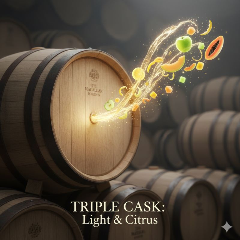 トリプルカスクの特徴であるバーボン樽由来の明るい木材と、そこから生まれる軽やかなフレーバーを表現したイメージ
