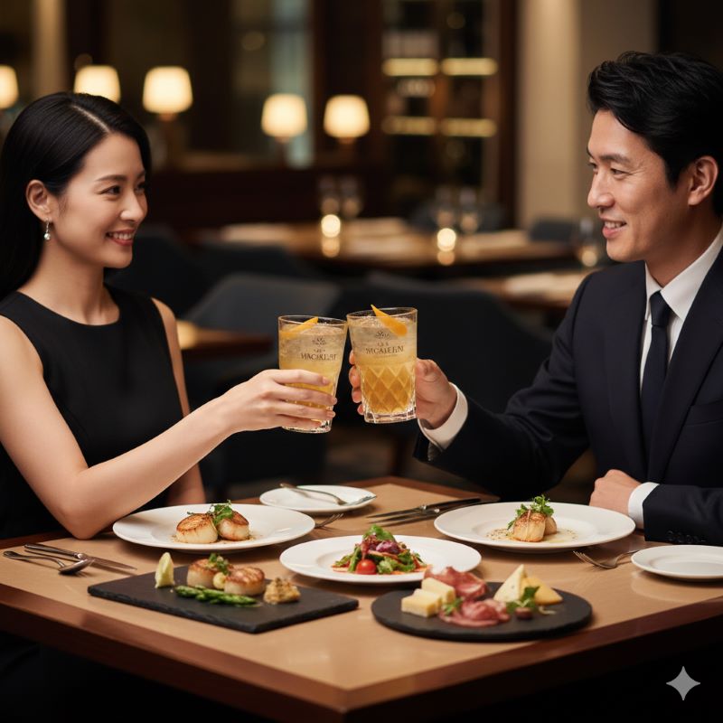 高級感のあるレストランで、美味しい料理と共にマッカランのハイボールを食中酒として楽しむ優雅なシーン
