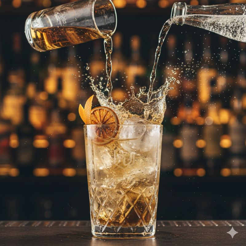 グラスいっぱいの氷にウイスキーとソーダを1対3の黄金比率で注ぎ、炭酸が美しく弾ける瞬間を捉えたクローズアップ