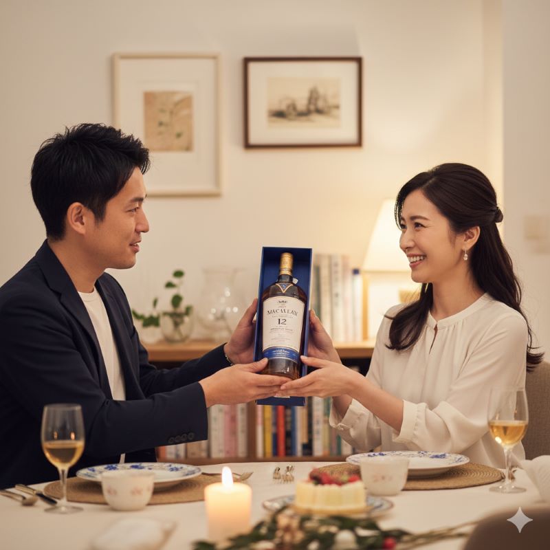 大切な記念日にマッカランダブルカスクをプレゼントとして手渡し、相手に喜ばれている温かいシーン