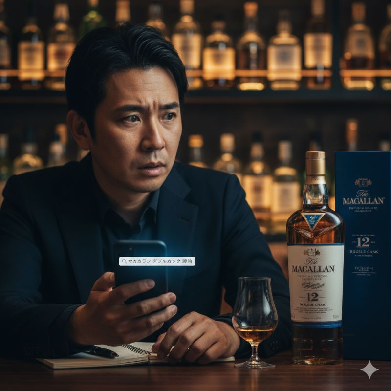 スマートフォンでウイスキーの評判を検索し、少し不安そうな表情でマッカランダブルカスクのボトルを見つめている日本人男性